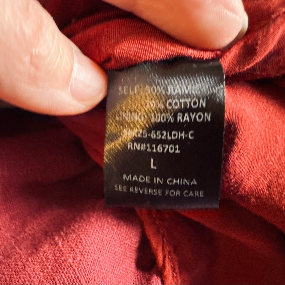 KARLIE Burgundy Linen Blend Puff Sleeve V-Neck‎ Ruffle Hem Dress Size Large - Picture 7 of 7